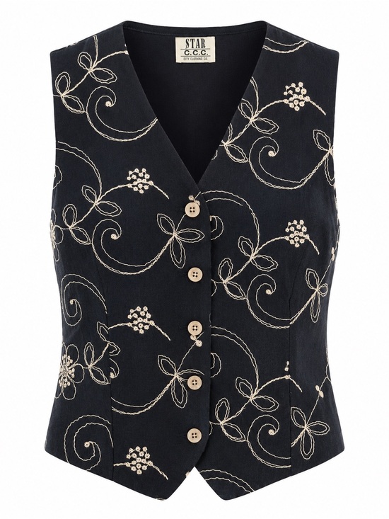 Star C.C.C. Jackets & Blazers - Star C.C.C. Womens Embroidered Black Vest With Button Front Floral Design Tie Ba